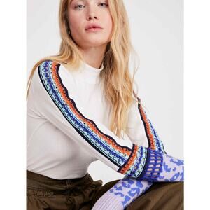 Free People white mock neck colorful knit crochet cuff thermal